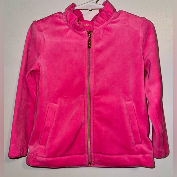 Lilly Pulitzer Mini Pink Velour Zip Track Jacket Girls 2-3 Athletic Ruffle Neck - Picture 1 of 6